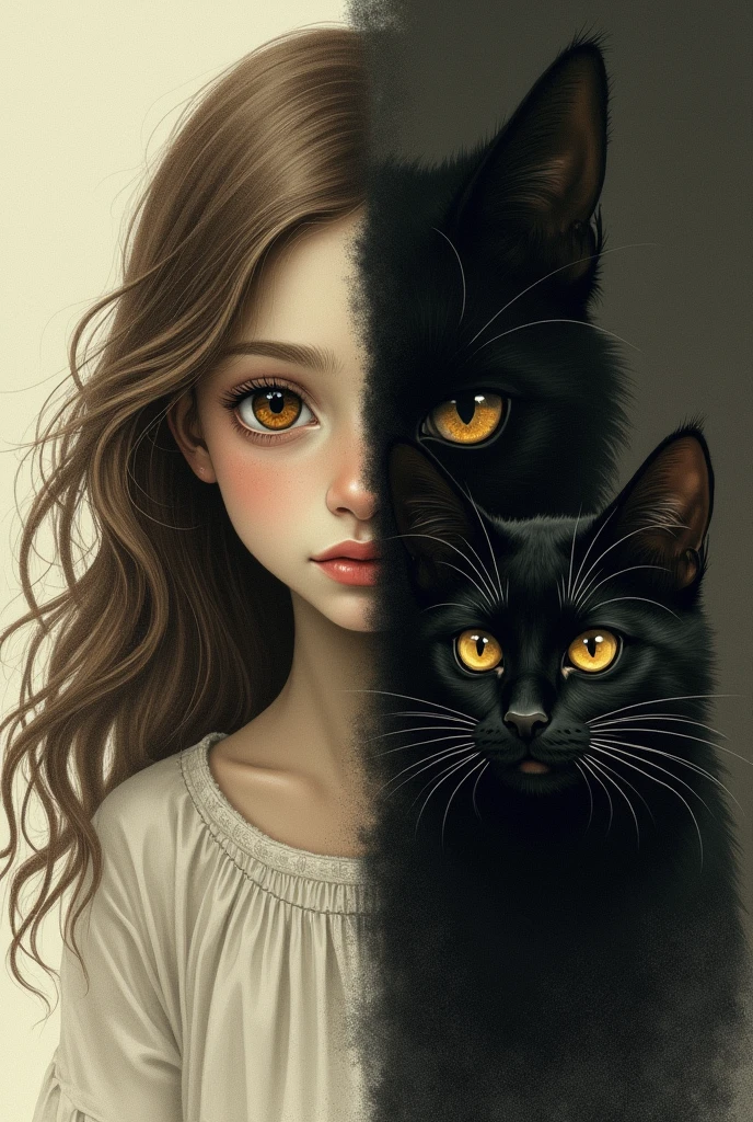 It generates an image of a girl with brown hair, brown eyes, white skin next to a black cat with black eyes that is somewhat scary, that there are light colors as well as dark colors and that one part is day and the other part is night and that it seems drawn with a pencil.