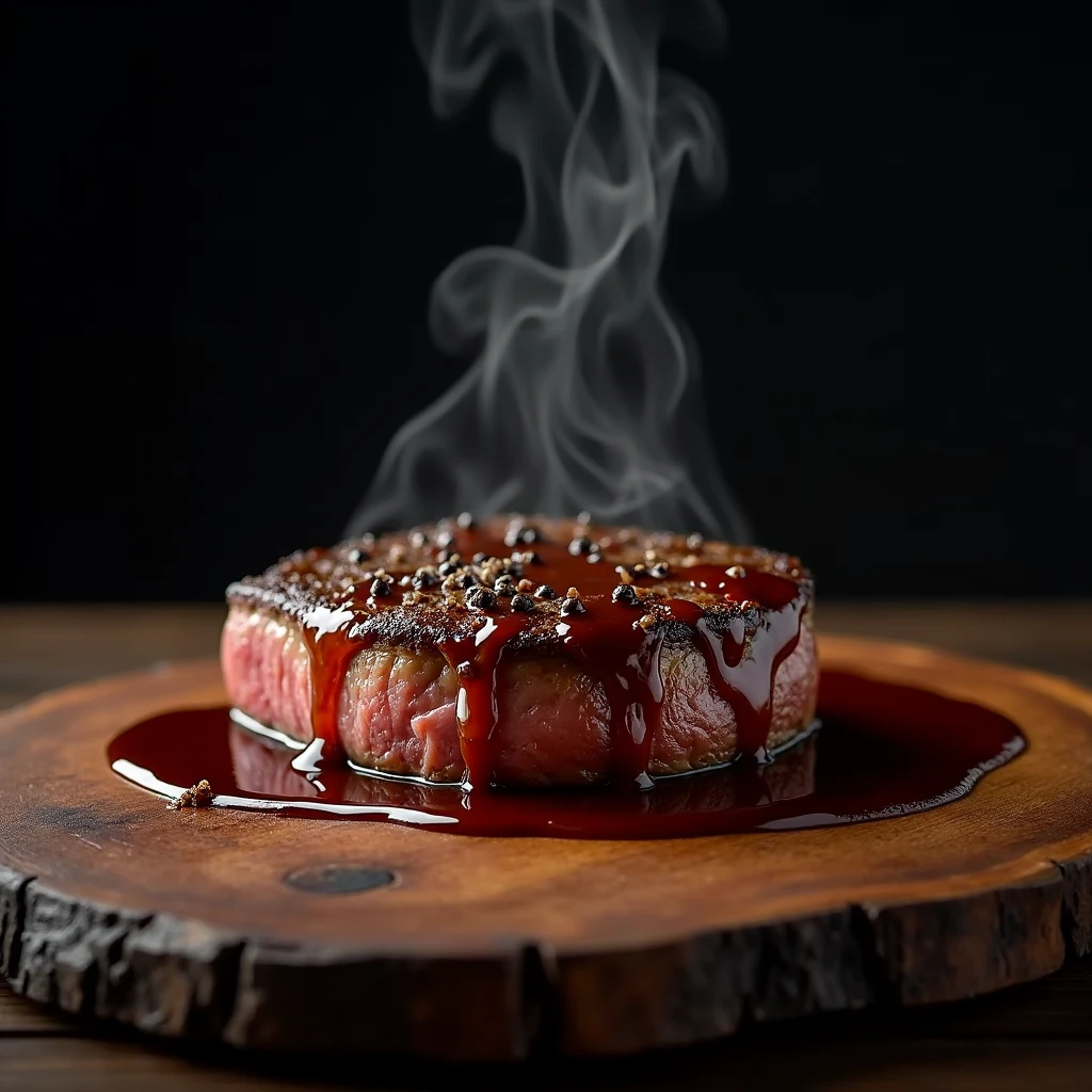 Steak recipe clean picture realistic food, steaming hot, peppercorn sauce on top of the steak and dripping off the side of the steak, on rustic wood floor, placed on a dark background, medium contrast
