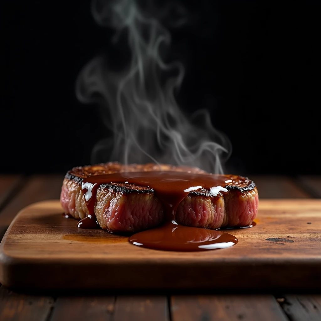Steak recipe clean picture realistic food, steaming hot, peppercorn sauce on top of the steak and dripping off the side of the steak, on rustic wood floor, placed on a dark background, medium contrast