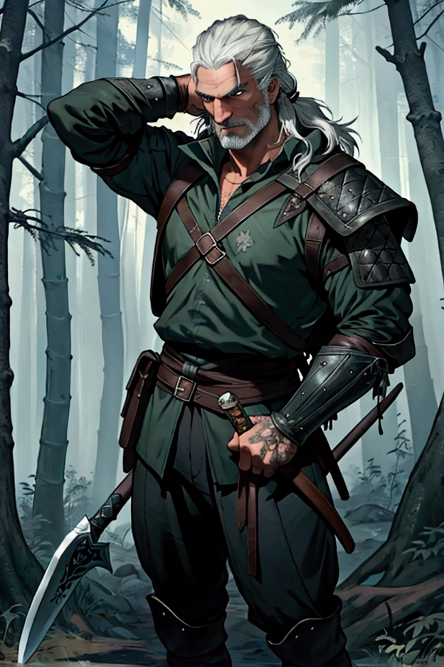 Geralt of Rivia wearing black leather bindings and holding a halberd with both hands in the middle of the forest, with a big backpack on his back and a big sword at his waist, ready for combat, showing the whole body