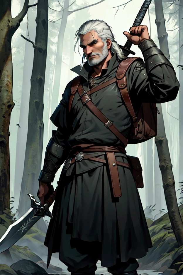 Geralt of Rivia wearing black leather bindings and holding a halberd with both hands in the middle of the forest, with a big backpack on his back and a big sword at his waist, ready for combat, showing the whole body
