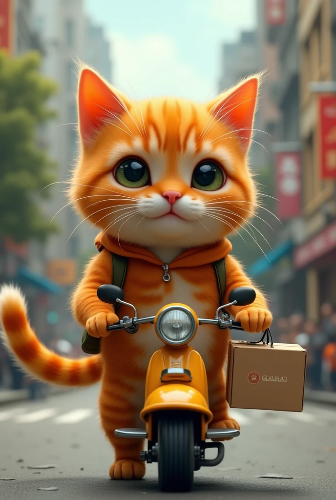 Cute close-up of an orange cat walking around the city., road, (Kinetics: 1.2), complicated details, ((Cat driving a parcel delivery truck)) ,Two-legged standing,Cat delivers packages