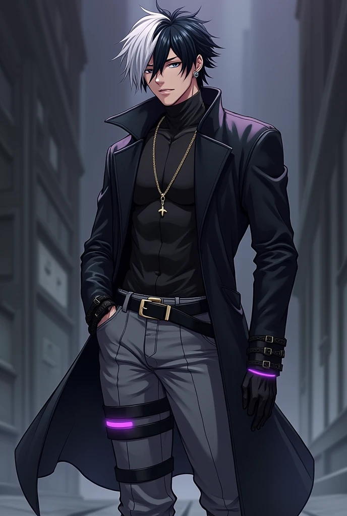 A sexy black skin male anime character Black hair with a white stripe on it wearing a bad ass long black coat and wearing long gray pants with purple glowing stripes and wearing boots