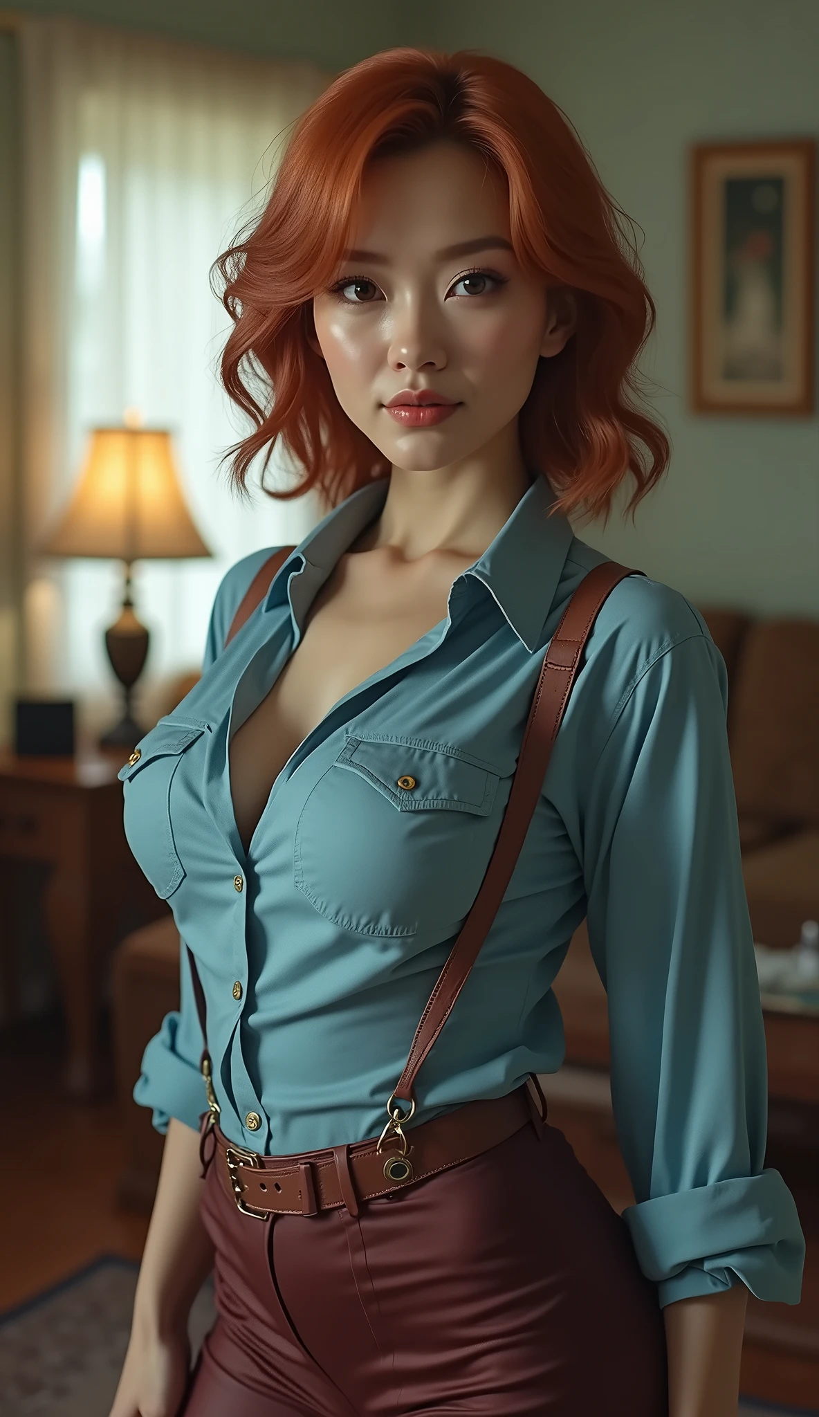 (best quality,4k,8k,highres,masterpiece:1.2),ultra-detailed, 1woman, Japanese woman, gyaru, five foot five inches tall, 42 years of age, ginger colored hair, mole by her left eye, blue button up blouse, maroon jeans, large swollen breasts, wide hips, dancing around mid-western suburban american house, seductive pose, smiling lustfully, looking at viewer lovingly, ((intricate detail)),(((realism))), HDR, 8k, absurdres, cinestill 800, sharp focus, add_detail:2, (solo, woman)
