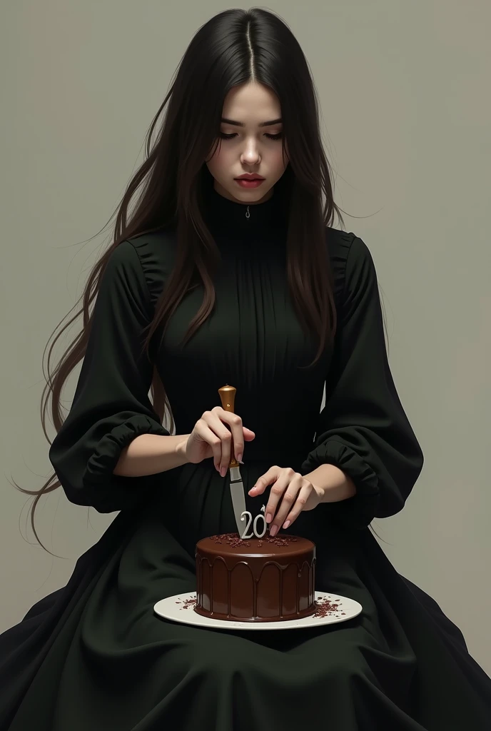 The beautiful young women cut chocolate cake alone ( use knife ) on the cake 20 latter number candle and she's face full sadness. and she waring black frock with full sleeve and covered nack dress and long hair