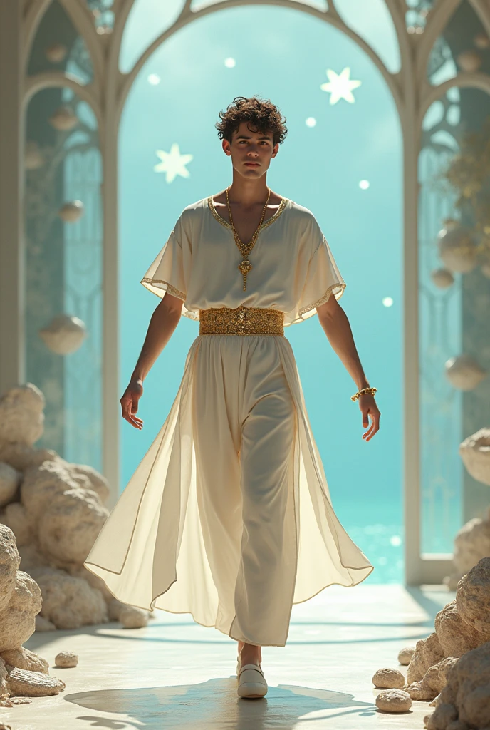 suit designs, medieval slim young man, boy's ballet square neck t-shirt, Loose trousers with a flared skirt at the back, light blue color with gold jewels c, delicate, ancient, Royals, Transparent screens, ancient, female, delicate, elegant, Transparent screens, romantic, long skirt, Royals, Whole body, ballet shoes, exposed clavicles, choker, bright, sun shapes, medieval, sea shells, playa, Principle