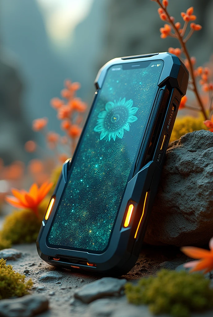 Futuristic Peruvian cell phone with natural background from another angle