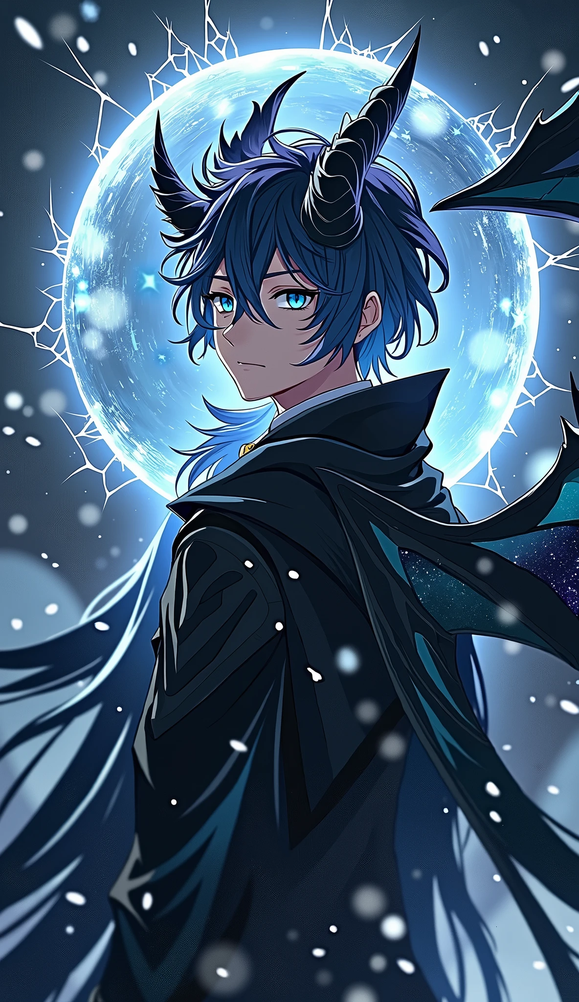 1 male, anime art style, young man, Long hair, dark blue and white hair, wearing a black Coat, Dragon Horns, Black Dragon Wings, Aquamarine Eyes, with a Silver and black magic aura, and the power of space on his hand while the space behind him is cracked and blurry.