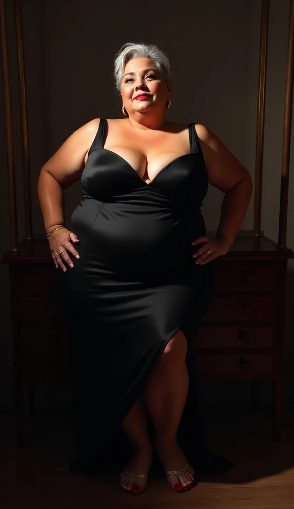 Older fatty women in hot dress in room full body in black dress 