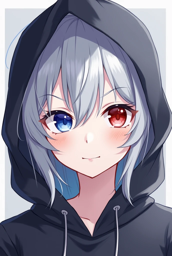 High resolution, Shortcuts, Silver Hair, Odd Eye, Simple Background, Anime Style, blue eyes, Red eyes, Hood worn, smile,