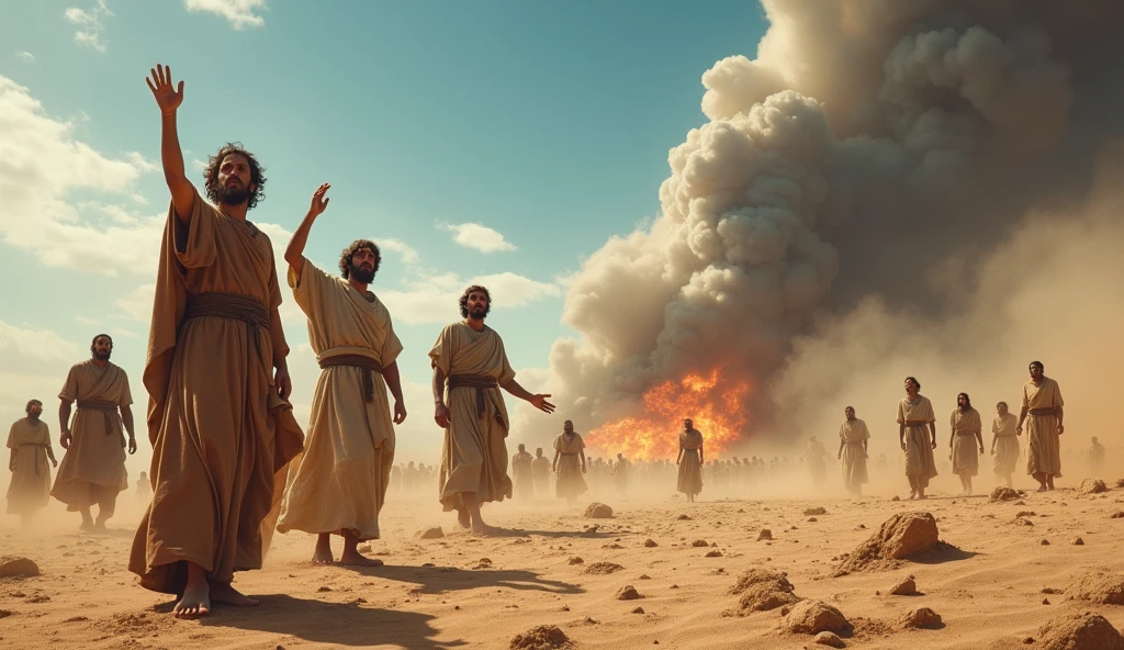 "A realistic image in 16:9 depicting the story of the sons of Korah as described in Numbers 16. The scene should capture the dramatic moment after the earth opens up and swallows Korah, Dathan, Abiram, their families, and all their possessions, while the sons of Korah are spared, amidst the dust and chaos. In the background, a vast, arid desert under a blue sky, with clouds of smoke. In the foreground, three young men with expressions of fear mixed with relief, dressed in biblical-era attire, watching the scene with their arms raised in supplication. Around them, other Israelites with panicked expressions, fleeing the scene, while the heavenly fire is still visible in the distance, diminishing God's justice. The meager stones and sand complete the scene, providing a dramatic and epic atmosphere."
This prompt should capture the essence of the story and highlight the importance of the moment when the sons of Korah are spared by God, in a setting that conveys the intensity of God's justice and mercy.