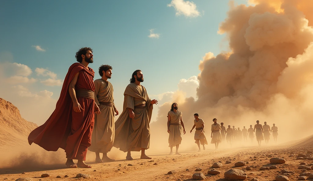 "A realistic image in 16:9 depicting the story of the sons of Korah as described in Numbers 16. The scene should capture the dramatic moment after the earth opens up and swallows Korah, Dathan, Abiram, their families, and all their possessions, while the sons of Korah are spared, amidst the dust and chaos. In the background, a vast, arid desert under a blue sky, with clouds of smoke. In the foreground, three young men with expressions of fear mixed with relief, dressed in biblical-era attire, watching the scene with their arms raised in supplication. Around them, other Israelites with panicked expressions, fleeing the scene, while the heavenly fire is still visible in the distance, diminishing God's justice. The meager stones and sand complete the scene, providing a dramatic and epic atmosphere."

This prompt should capture the essence of the story and highlight the importance of the moment when the sons of Korah are spared by God, in a setting that conveys the intensity of God's justice and mercy.