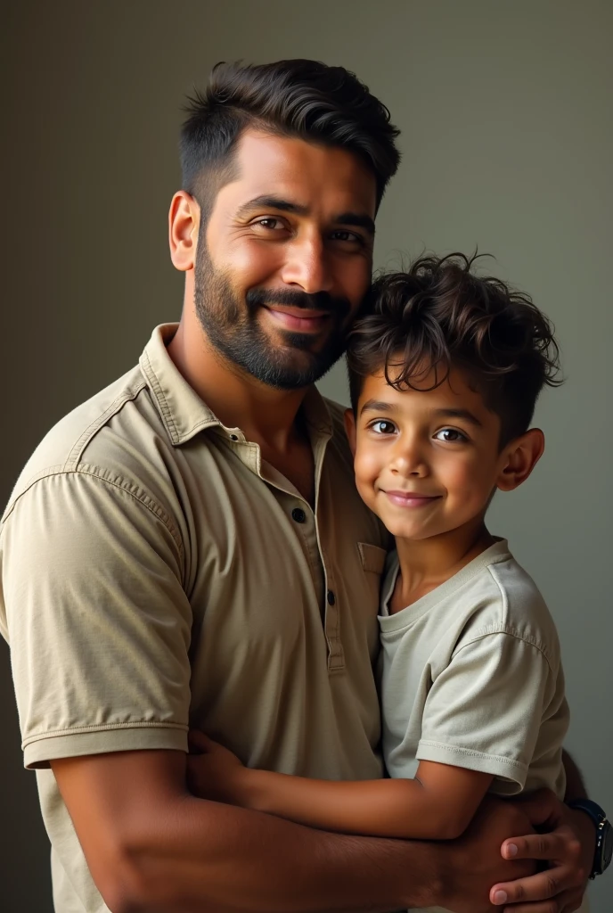 80 kilo dad, brown skin, size 1,65 short beard short hair side cut light brown eyes Peruvian 30 years old and son is 1,10 cm thin slanted eyes medium brown hair medium wavy Venezuelan Peruvian light skin