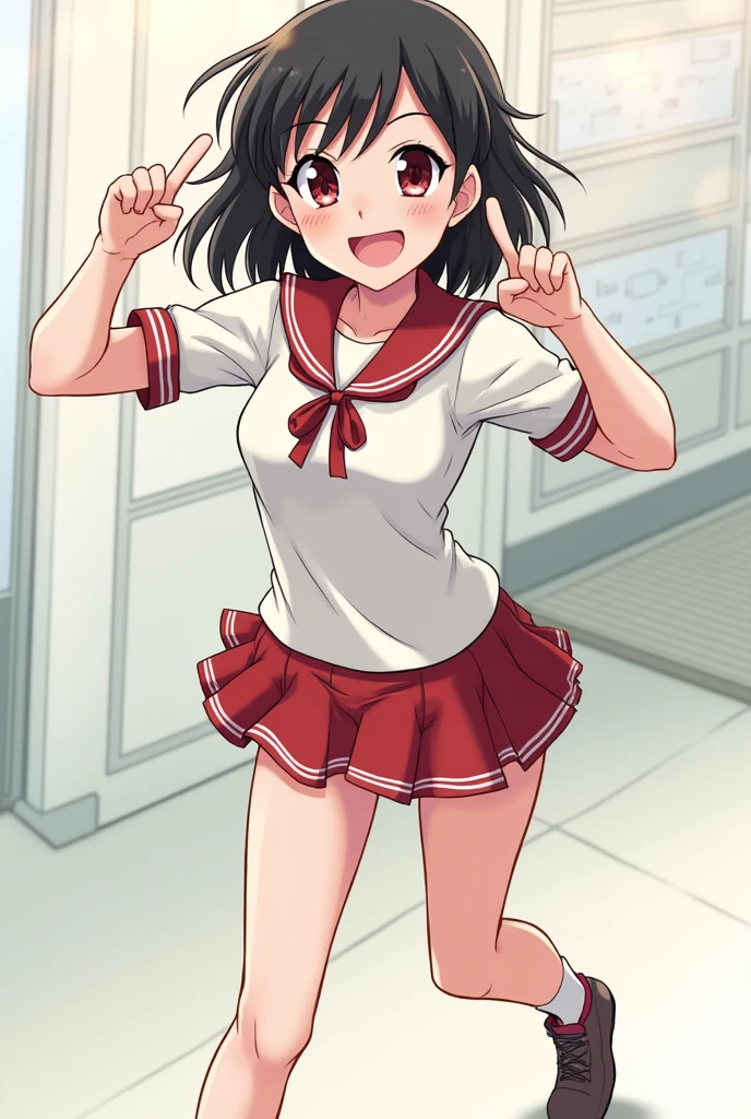 android, beautiful robot makes hard masturbation, she gets orgasms. Her short pigtails, brown hair, Hair tie with two big red clothespins, big smile, brown hair, middle age, joint seam, blue eyes, full body figure, Height: 160cm, She wears only Light beige micro mini pantie, fluttering skirt, skirt folds, white retro swimwear, Uplifting, 2020s anime style, 21thcentury japan animation, show White pantie, strong wind is blowing.