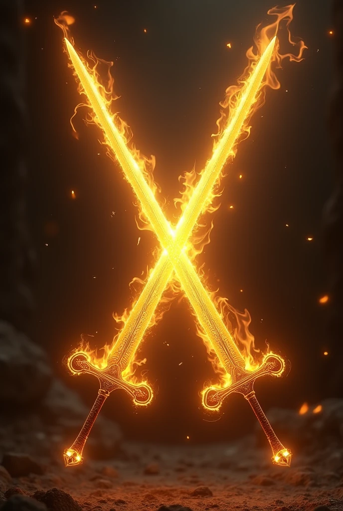Two flaming golden swords crossed without hands