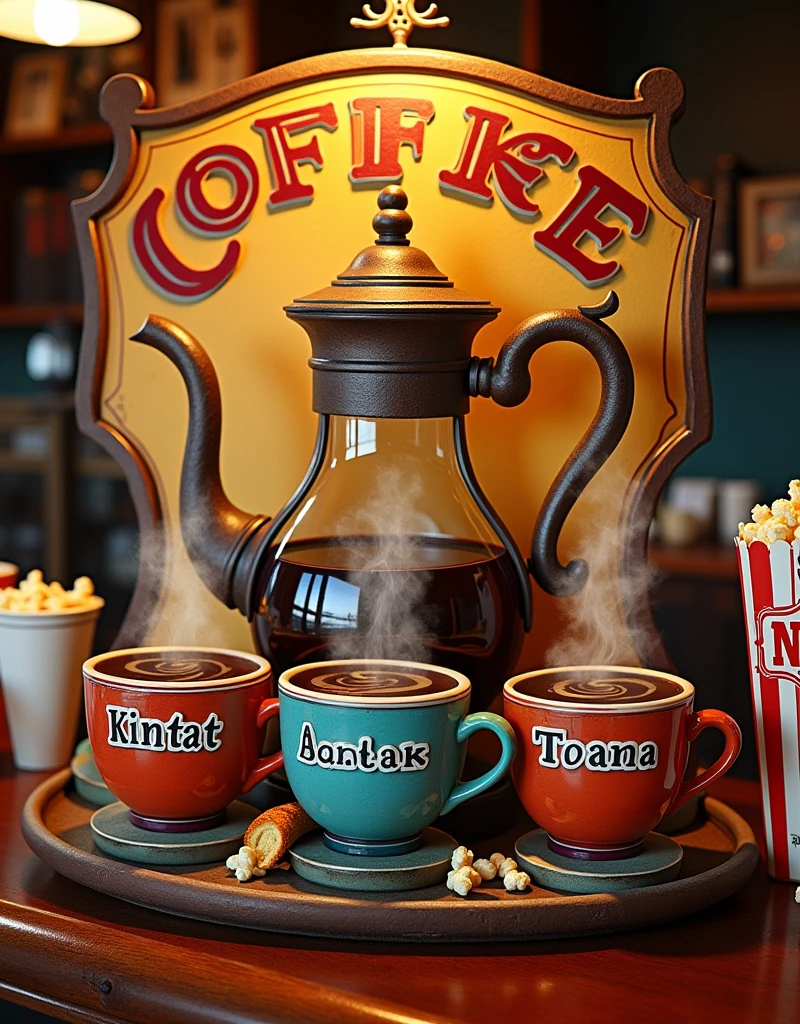 A shope sign named Kintat Coffee. With a Moccapot brew coffee on to a three cups. Each cup has a name printed on it says Kintat-Abol Kintat-Bereka and Kintat-Tonana. With full of coffee steam in the air. Toasted bread and  Popcorn with box at the back. And a sign at the bottom that says Enjoy your Coffee