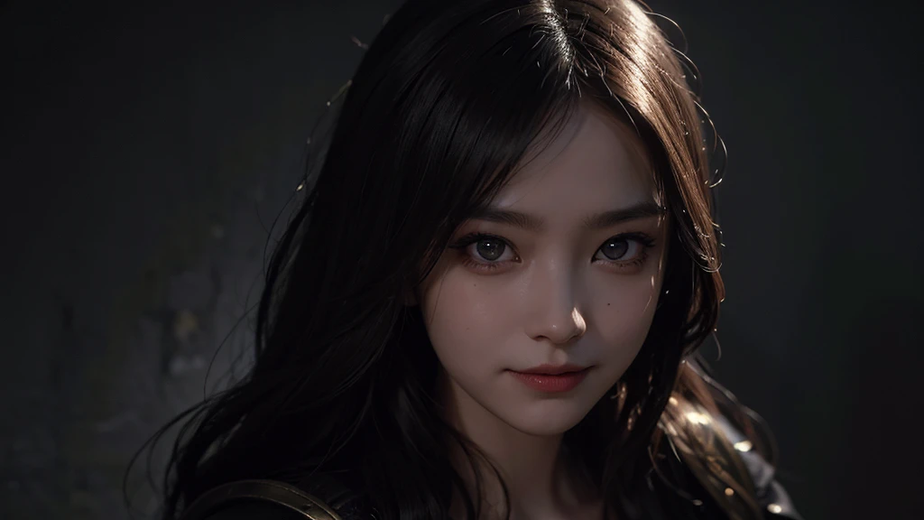 1 girl, solo, large eyes, malicious smile, detailed facial features, intricate hairstyle, dark fantasy, dramatic lighting, chiaroscuro, cinematic, moody atmosphere, rich color palette, dramatic shadows, photorealistic, highly detailed, 8k, best quality, masterpiece