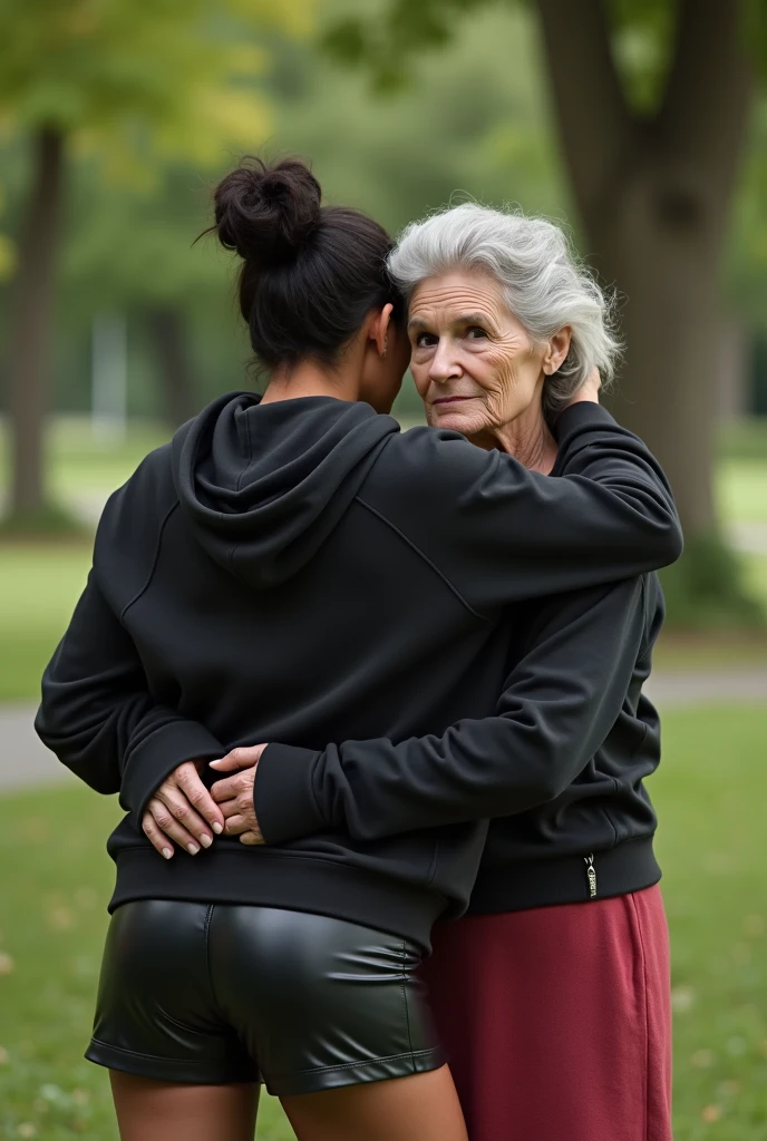black woman hair in a bun black hoodie black leather short shorts bending over getting fucked in the ass by a old ugly woman in a dress in a park
