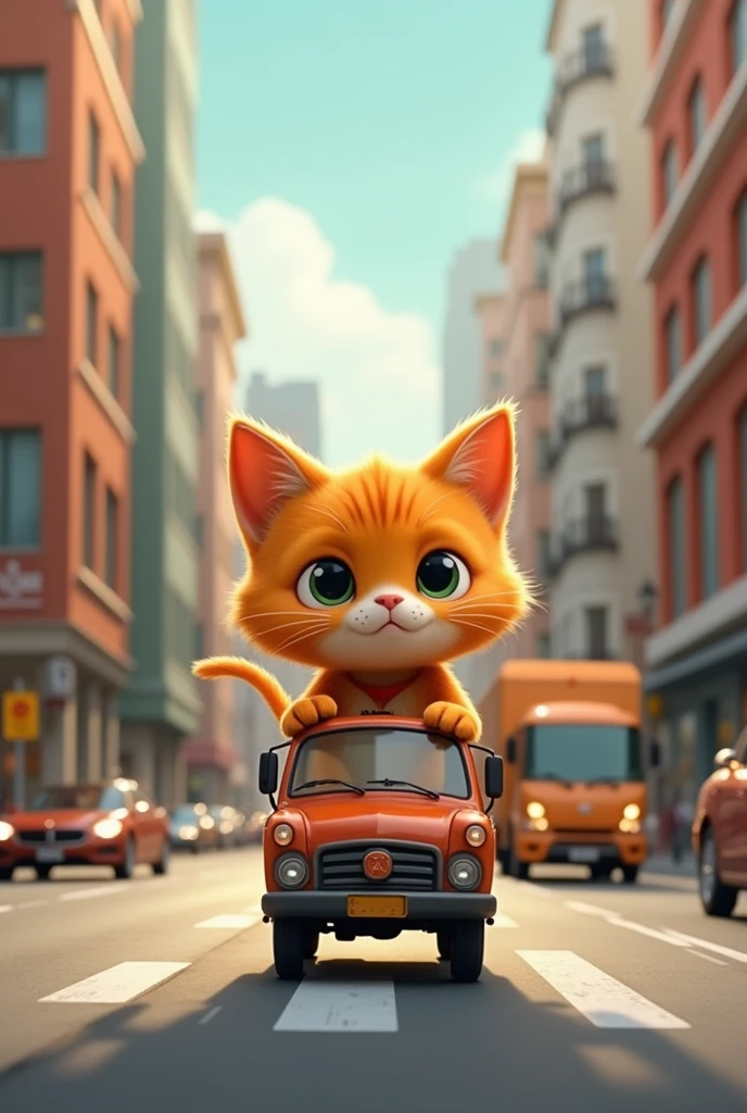 Cute close-up of an orange cat walking around the city., road, (Kinetics: 1.2), complicated details, ((Cat driving a parcel delivery truck)) ,Two-legged standing,Cat delivers packages, side view