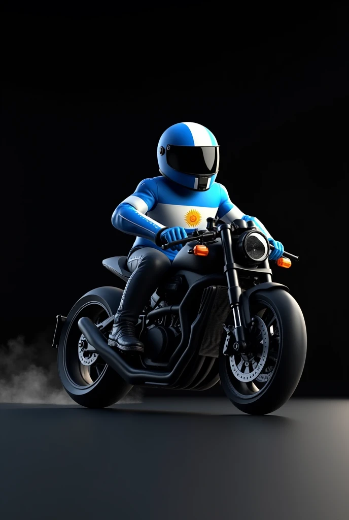 Generate an animated version of a motorcycle with a biker, where the biker wears the colors of Argentina. Black plain background and black motorcycle, picsar animation style