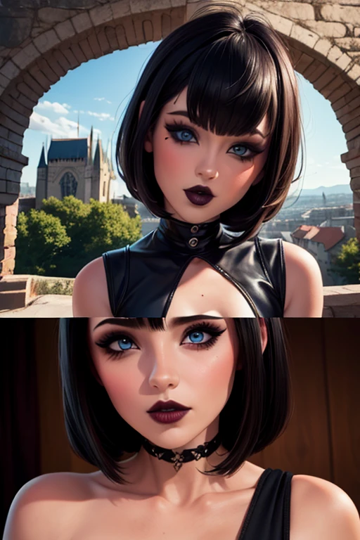 cute face, blue eyes, gothic makeup , eyeliner and eyeshadow, short black hair with bob bangs, plump red lips, close up in HD, Whole body, Intricate medieval architectural details and fantastic landscapes in high 12k resolution