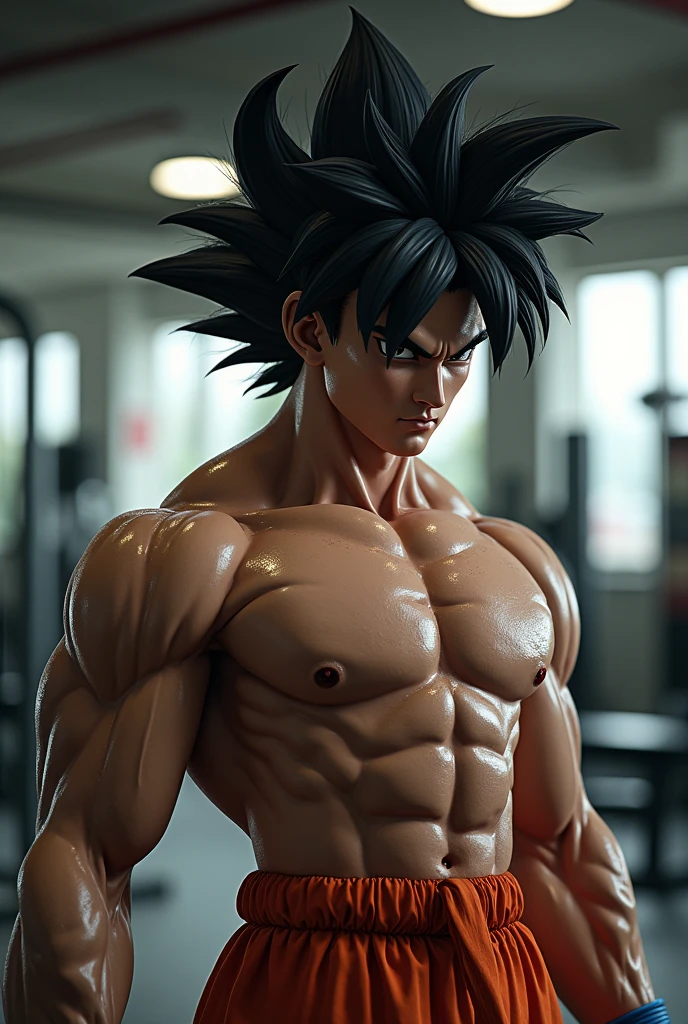 Goku training in the gym giving his chest