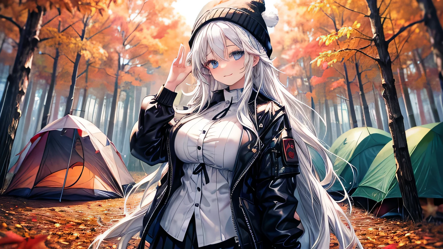 masterpiece, high quality, A beautiful woman in a camping tent, Long hair, wavy hair, White hair, blue eyes, smiling face, big breasts, juicy breasts, Open shirt, short skirt, black jacket, black beanie hat, Whole body, Autumn season, background of a forest with lake