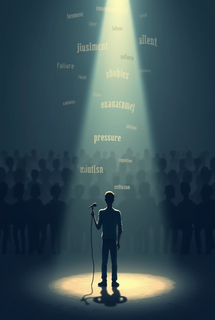 A conceptual illustration representing common causes of fear of public speaking. The image shows a nervous human figure standing on a stage with a microphone, facing a large audience. Audience appears blurred or shadowed, symbolizing the overwhelming feeling. Ao redor da figura, floating words like 'Judgment', 'Failure', 'Embarrassment', 'Pressure' and 'Criticism' are clearly visible, representing the causes of fear. The stage is softly lit, with a spotlight on the figure to emphasize the feeling of being in the spotlight. The general atmosphere is tense and anxious.