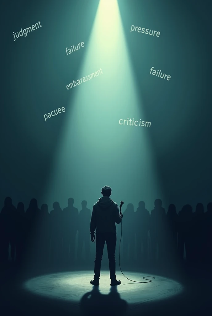 A conceptual illustration representing common causes of fear of public speaking. The image shows a nervous human figure standing on a stage with a microphone, facing a large audience. Audience appears blurred or shadowed, symbolizing the overwhelming feeling. Ao redor da figura, floating words like &#39;Judgment&#39;, &#39;Failure&#39;, &#39;Embarrassment&#39;, &#39;Pressure&#39; and &#39;Criticism&#39; are clearly visible, representing the causes of fear. The stage is softly lit, with a spotlight on the figure to emphasize the feeling of being in the spotlight. The general atmosphere is tense and anxious.