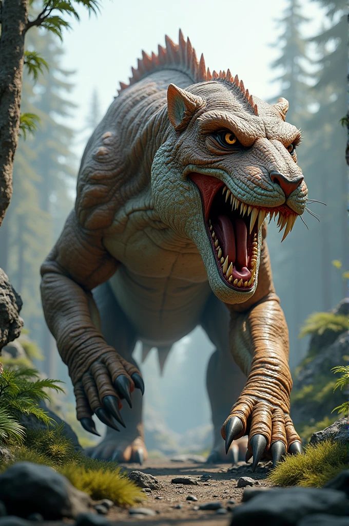 create a dinosaur mixed with a saber-toothed tiger