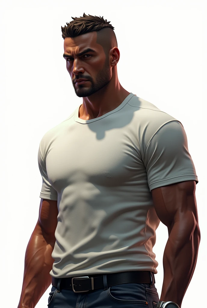 homem negro claro com idade de 30 anos bombado, well defined body highlighted shoulders with half look wearing black tank top with black sweatshirt tied at the waist with black cargo pants and wearing black hip hop durag on the head with men'brincos de ponto leve. homem sem sanidade olhar obscuro e muito maior e definido mais agressivo e um pousco mais musculoso mais alto e um pouco mais negro claro barbudo