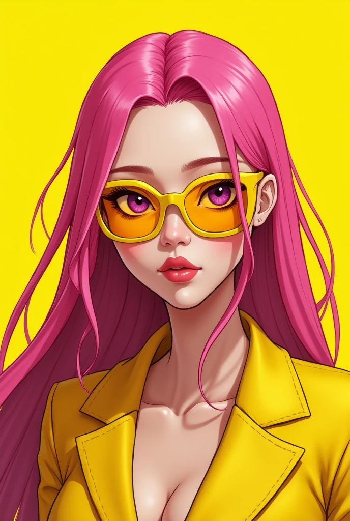 Yae Miko with trendy yellow sunglasses., yellow background, pink hair, purple eyes