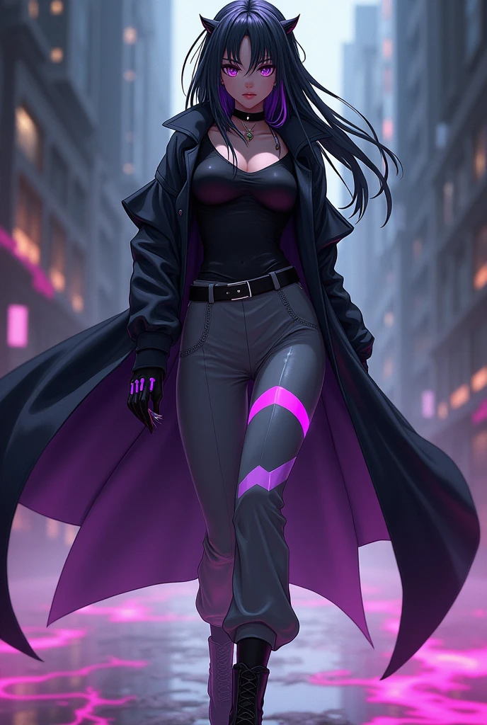 Sexy black skin anime character Black hair with a white stripe on it, wearing a long black jacket and wearing a long, dark gray pants with glowing purple stripes on it and wearing boots