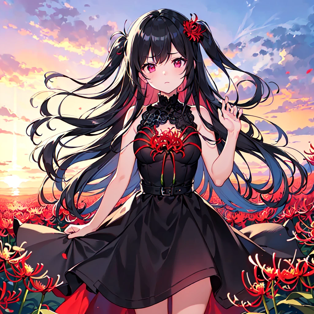 masterpiece, best quality, high quality, extremely detailed, very delicate and beautiful, (1 female 1adult solo:1.5), (two side up long black hair:1.5), bangs to eyebrows, eyes Eyes: 1.5), (Two side up black hair long:1.5), Eyebrows: 1.5), Eyes: 1.3), (Eye color: Magenta), 6.5 head height, (Black gothic dress: 1.3), Lace, Frill, (Standing), (Dynamic pose), (Sad expression), (Red spider lily flower field: 1.3), (sunset:1.3)