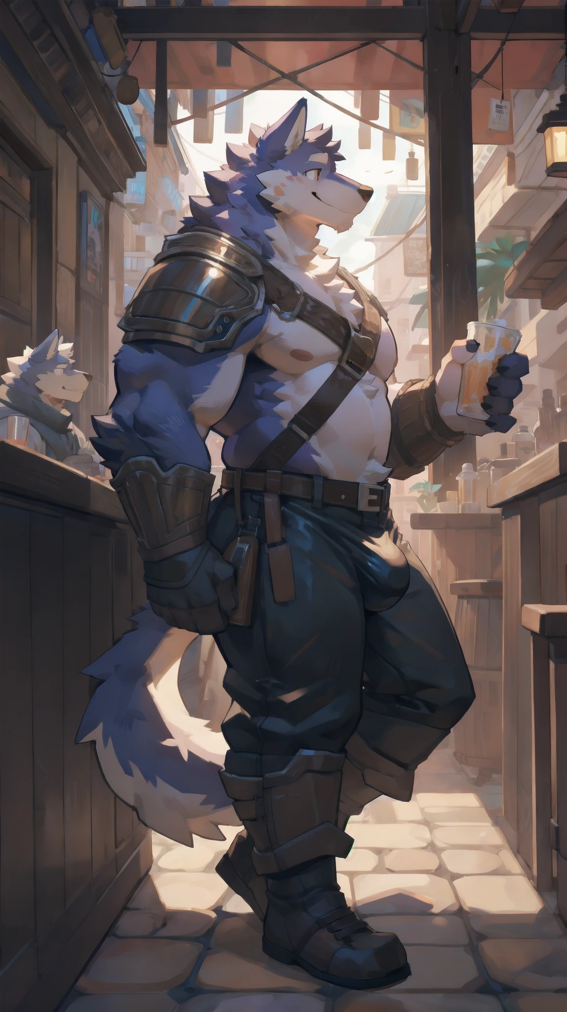 Solo, male, walking at tavern, bulge, by bigcozyorca, by goonie-san, by bebebebebe, by spikedmauler, side view, big buff , wolf tyrannosaurus hybrid, black fur, purple fur, bushy tail, buff, wearing brown fantasy leather armor, dwarf, masculine, bulge, sexy, playful, joyful expression