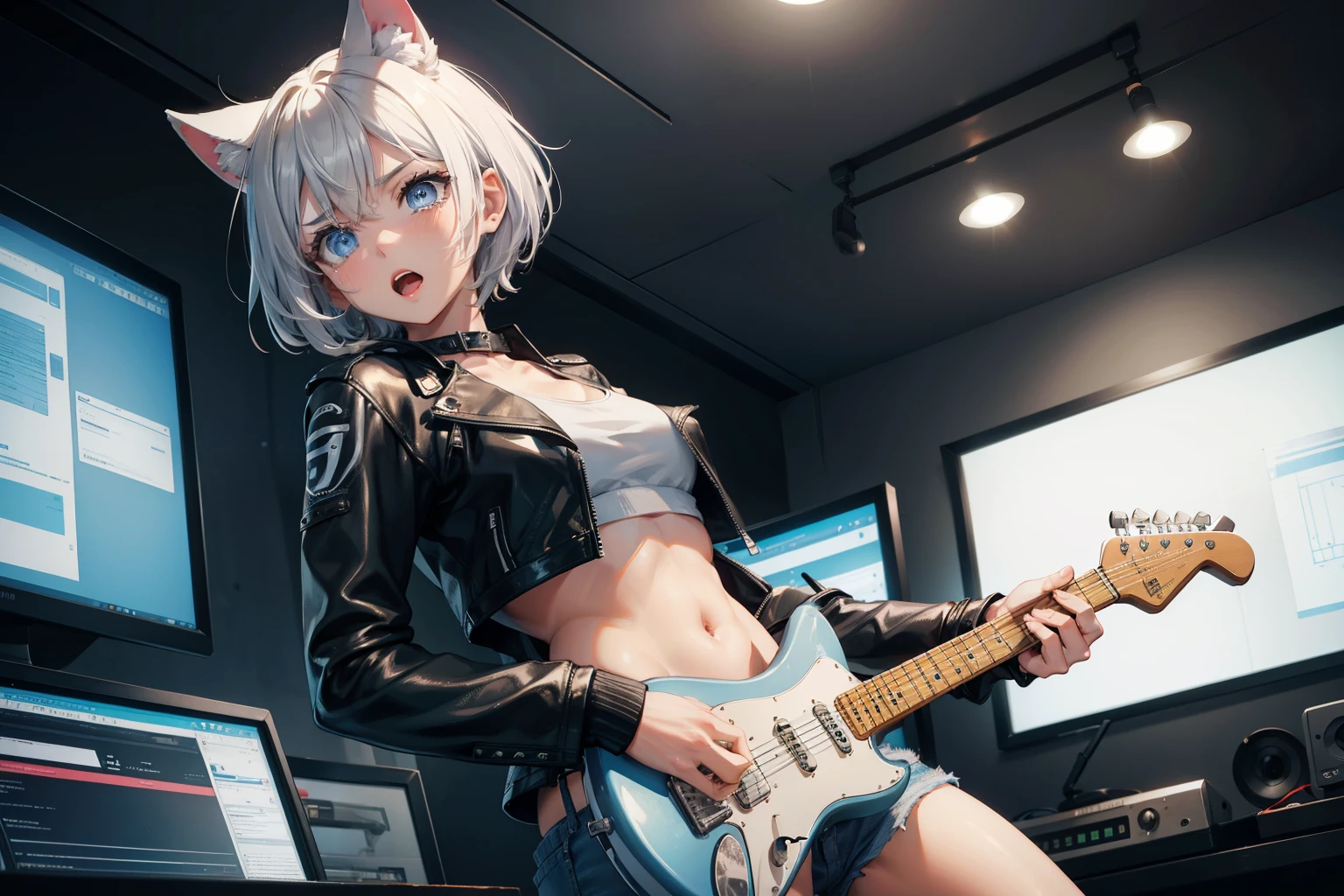 (masterpiece), (best quality), (High quality), high resolution, BREAK expressive eyes, perfect face, 1girl, grey cat ears: 1.5, medium hair, grey hair, pixie cut, BREAK, big eyes, perfect eyes, blue eyes, thick eyelashes, thin eyebrow, tears in eyes BREAK short height, slim bulid, angry, singing, open mouth, medium breasts, BREAK (leather cropped jacket: 1.4), unzipped, (white cropped tanktop: 1.4, sleeveless), jeans shorts: 1.4, BREAK ((holding electric guitar, playing electric guitar)), BREAK cowboy shot, view from front, (recording room),