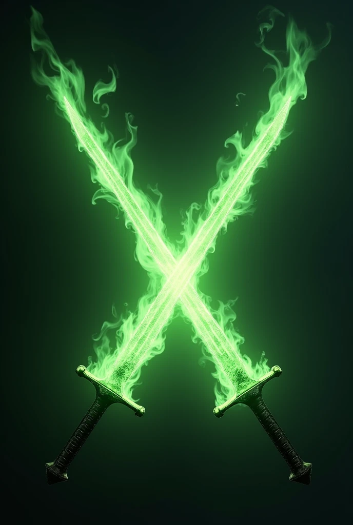 Two Flaming Fire Swords Crossed Without Hands, green color