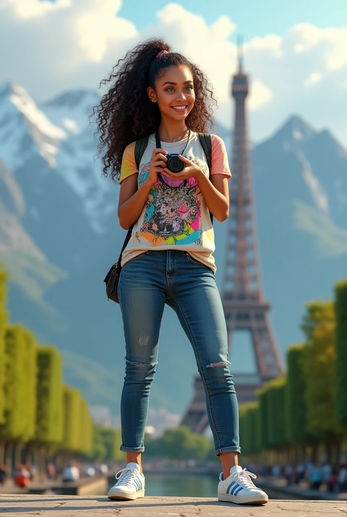 A woman dressed in jeans with adidas gazelle shoes and with a colorful blouse taking a picture at the Trocadero in Paris with the Eiffel Tower in the background she must appear realistic be smiling and have curly hair A little matte skin with green eyes She must inspire confidence and seem fun Can you generate the same woman with a little more hips and with a street art type t-shirt and tied hair in front of a mountainous landscape