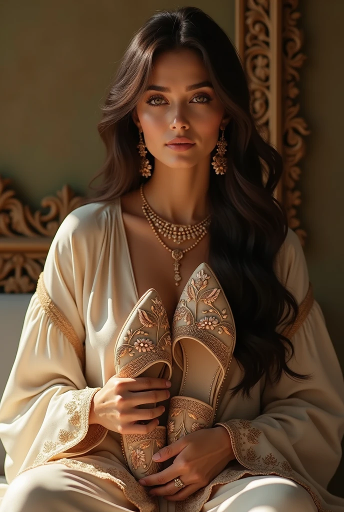 a beautiful elegant lady wearing a traditional khussa, intricate floral embroidered khussa shoes, ornate jewelry, long dark hair, serene expression, natural lighting, cinematic composition, warm color palette, photorealistic, masterpiece, detailed