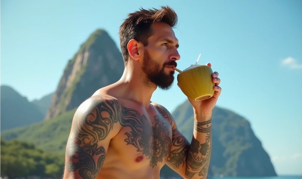 lionel messi, casual outfit, drinking (coconut) water at beach in rio de janeiro, cristo redentor background, tattoos