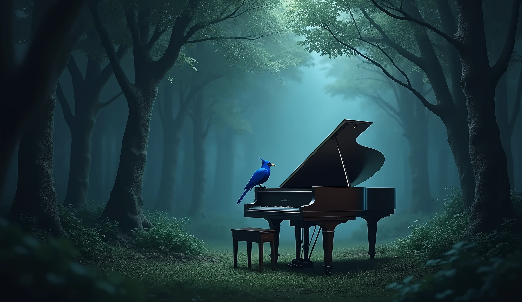 (photorealism:1.2), There is a piano in a dreamy, dark forest. There is a blue bird next to the piano.