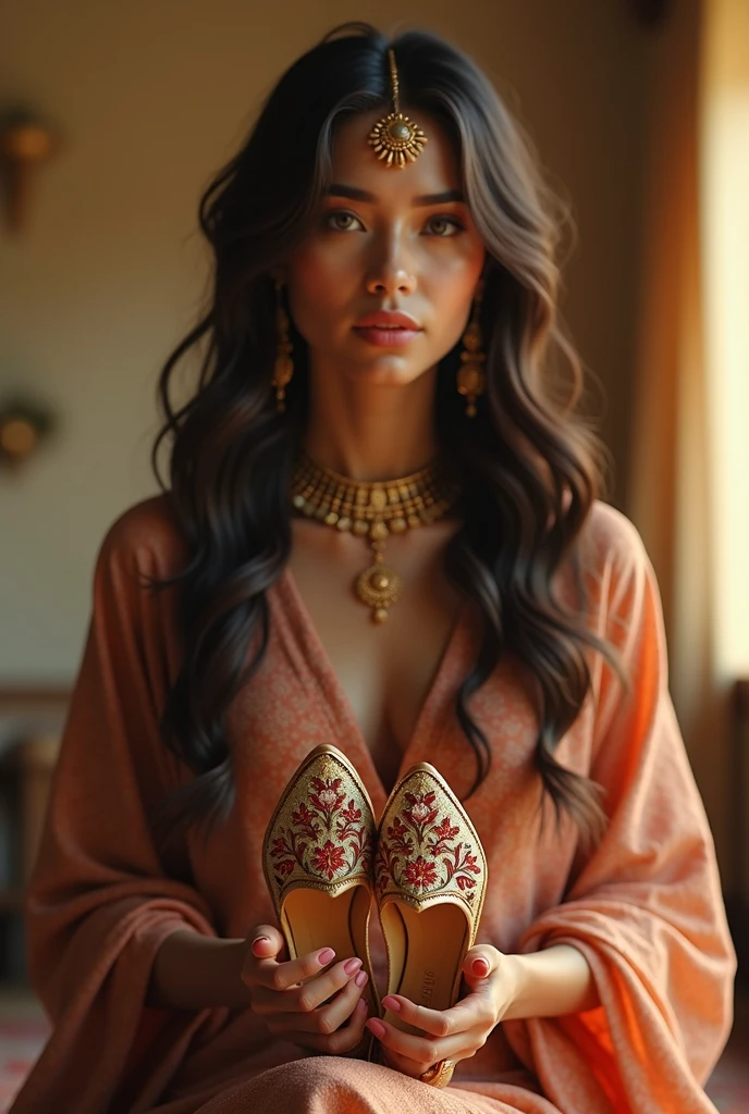 a beautiful elegant lady wearing a traditional khussa, intricate floral embroidered khussa shoes, ornate jewelry, long dark hair, serene expression, natural lighting, cinematic composition, warm color palette, photorealistic, masterpiece, detailed