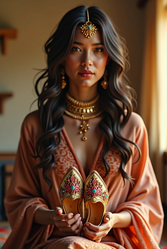 a beautiful elegant lady wearing a traditional khussa, intricate floral embroidered khussa shoes, ornate jewelry, long dark hair, serene expression, natural lighting, cinematic composition, warm color palette, photorealistic, masterpiece, detailed