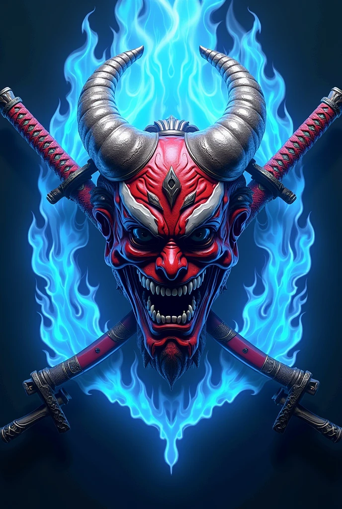 (((Masterpiece))),(((Best quality))),(((Amazing detail))),((illustration)),((A high resolution)),((8K)),red Hannya mask,cold tone,cool,Blue Ambiance,jump,function style,dark style,dark fantasy,angry,cracked,fury,realistic,midnight,chiaroscuro,bokeh,cyberpunk,Japanese,samurai,intricate pattern,lit. blue smoke from the mouth
