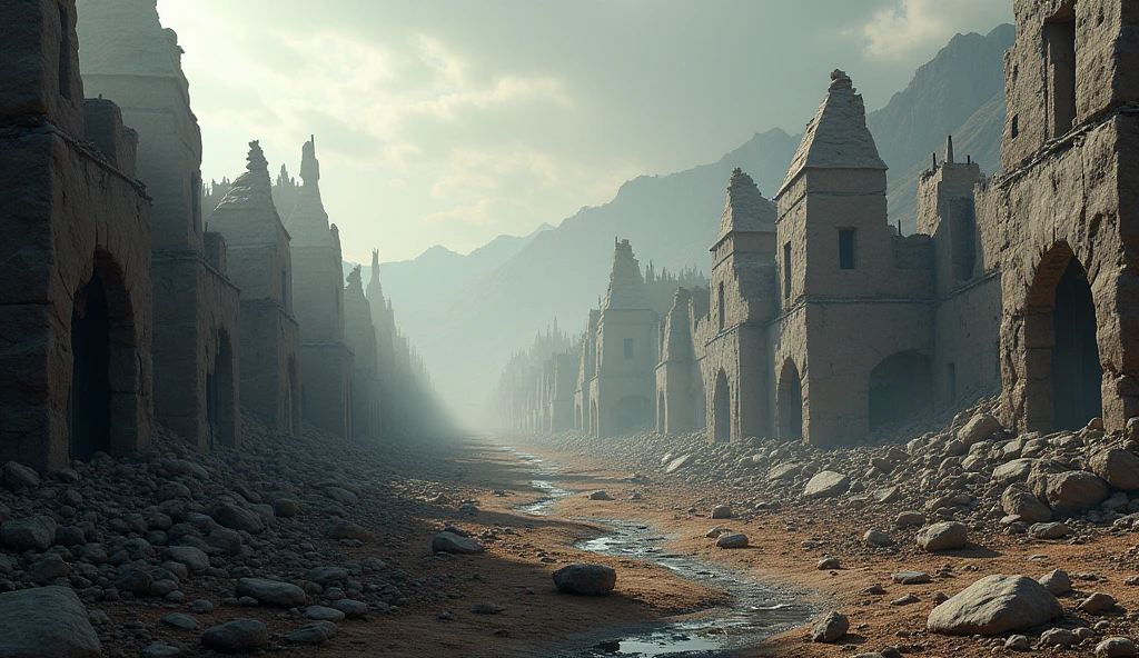 A picture of the place after the torment, showing the traces of destruction and devastation, with some rocks and old collapsed houses remaining as evidence of the torment that befell the people of Salih.