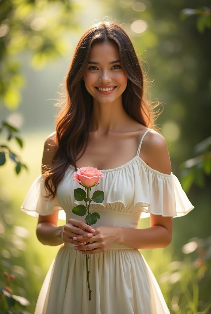 looking at viewer,smile,
Charlotte,1woman,
off-shoulder white long dress,
nature,sunlight,
upper body, rose in hands