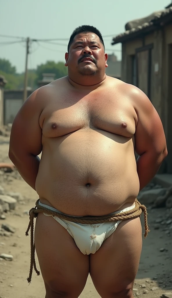 Photorealistic middle-aged obese Japanese male、Single eyelid、50th Generation、Short black mustache、Short black buzz cut、whole body、Fat-laden muscle bear、Homosexuals、Full Body、Thick, short legs with muscle and fat、Short, thick arms with muscle and fat、Square, thick face、Thick and muscular chest、Thick waist、A thick belly with muscle and fat、Dark, tanned skin、Hairy、Large pectoral muscles with muscle and fat、Thick waist、Thick boar neck、Thick Ass、A firm, taut and plump body、Thinning hair、Middle Age、Yellow race and dark skin、father、Father、father、has narrow eyes、Erotic、He was wearing white briefs and had some urine stains around his genitals.、Standing with one arm folded behind his back、The whole body is bound with a thick rope.、Side view, facing towards the viewer、Ultra-realistic high quality、Highest quality, Anatomically correct, tears, I want to cry, Character portrait, saliva, Grit your teeth, Drooling, Heavy breathing, tearsを流す, In the ruins during the day、Open your mouth, 