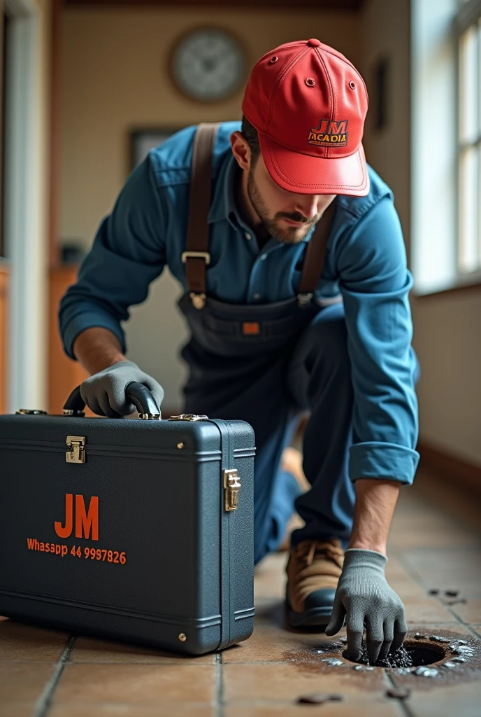 a man in a plumber's hat is a briefcase with equipment fixing a leak With description “JM Acacia leaks Juarez .WhatsApp 44 97337826