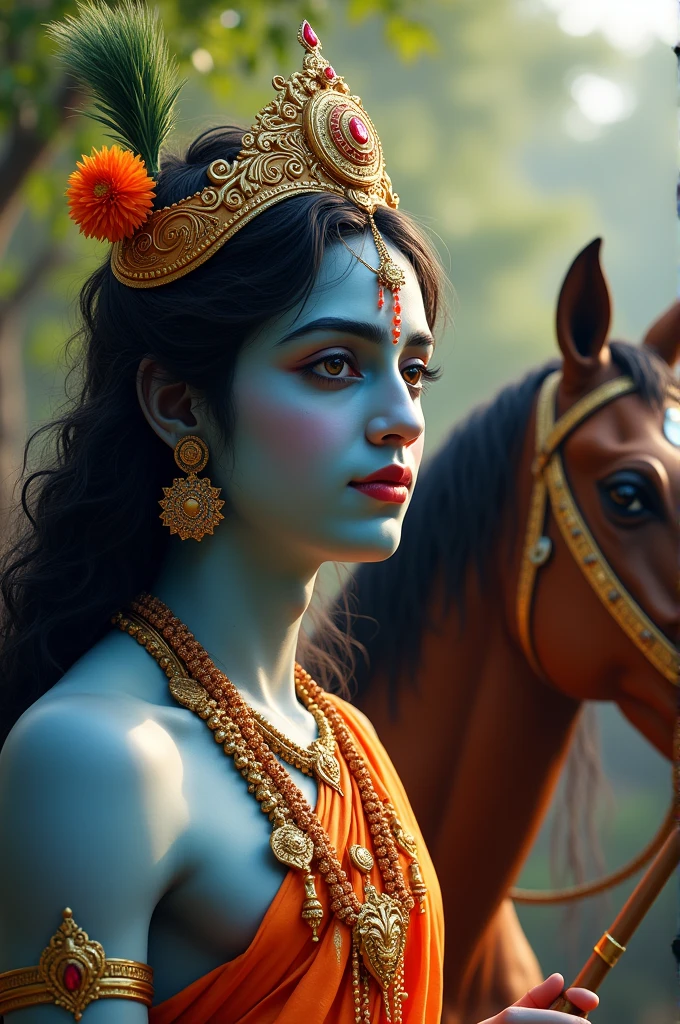 Beautiful eyes . With lips lord Krishna , with arjuna , with flute , with horse , big hight