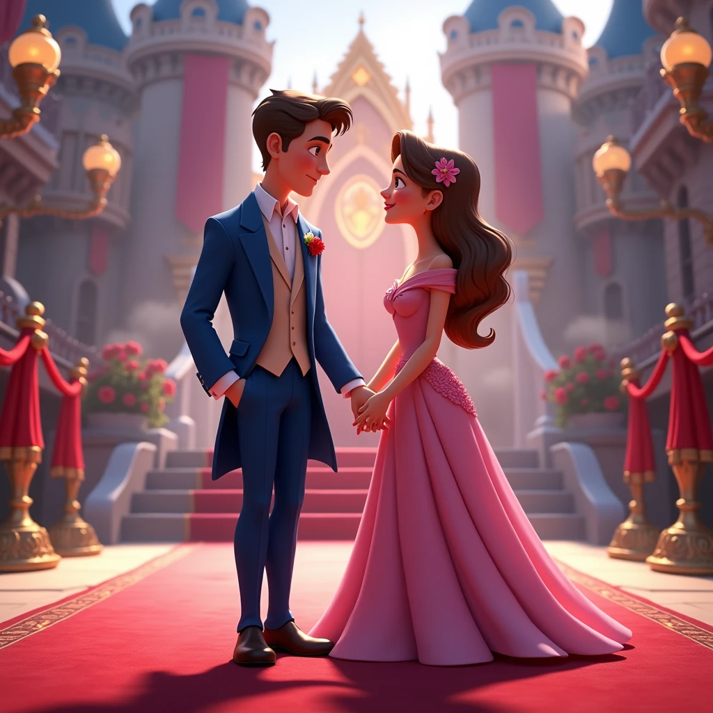 Create a disney couple animated avtar full body image where both are holding each other's hand, wearing blue and pink luxury dress and standing on red carpet , in background the chair of a king with full castle background with flags. s, there is smoke in background a shadow. Make his name visible and clear In background the name "GauravEk ❤️ Sophie" ( place a red ♥️ heart between their name ) bold and glowing, showing in bold reflection in shadows
